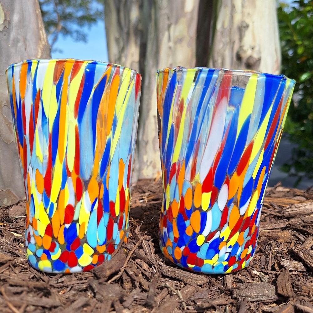 2 Murano Drinking Glasses Millefiori Glass Cups Tumblers Made in Italy Confetti